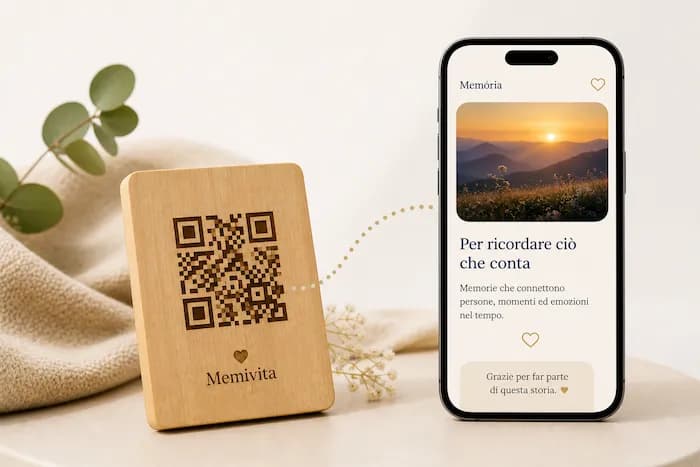 Placa de madeira Memivita com QR Code ao lado de um celular exibindo uma memória digital
